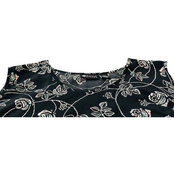 MAGGIE BARNES ROUND NECK SLEEVELESS BLOUSE, WOMENS, 28W-BLACK W/PINK BLUE FLORAL - Picture 2 of 9